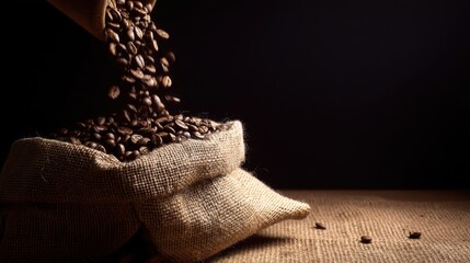 Fresh Coffee Beans Spilling from Burlap Sack on Dark Background