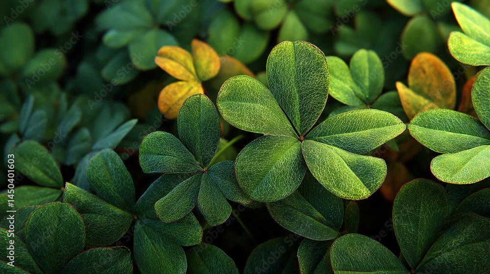 Poster close-up of textured green clover leaves, creating a lush and vibrant appearance, symbolizing nature
