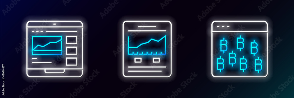 Poster set line bitcoin in browser, trading courses and website with growth graph icon. glowing neon. vecto