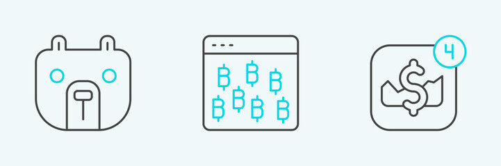 Set line Mobile stock trading, Bear market and Bitcoin browser icon. Vector