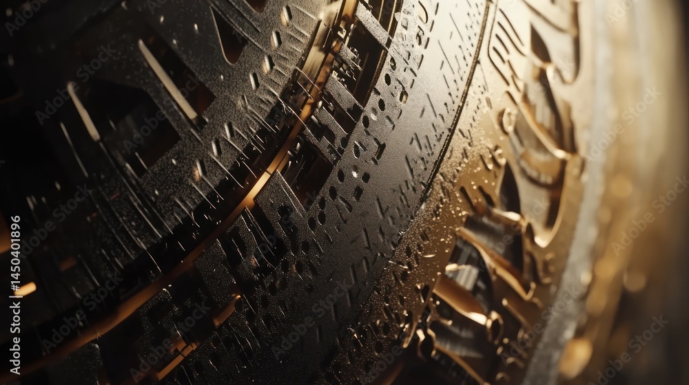 Poster intricate golden and black metallic sphere: a close-up view of complex geometric patterns and textur