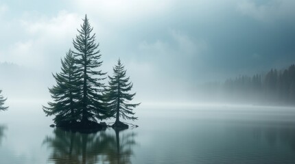 Fototapeta premium Misty lake with two evergreen trees on a small island, reflected in still water