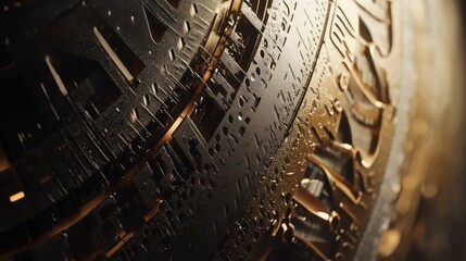 Intricate Golden and Black Metallic Sphere: A Close-Up View of Complex Geometric Patterns and Textures
