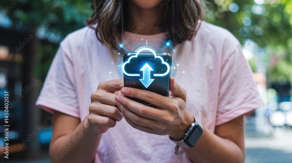 Poster close-up of a person using a smartphone with a cloud upload graphic.