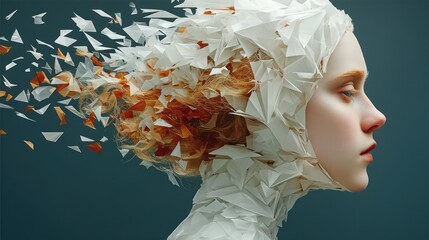 A woman's profile, head and neck enveloped in a fragile, white, geometric hood.  Her golden-orange hair, fragmented into small, angular pieces, seems to explode outward