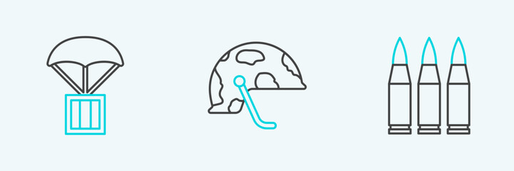 Set line Bullet, Airdrop box and Military helmet icon. Vector