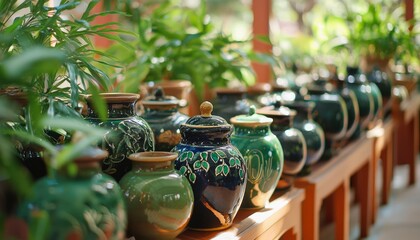 Decorative ceramic jars in a garden setting