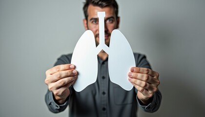 Man holding paper lungs against a neutral backdrop  