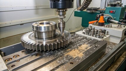 A CNC milling machine fabricates a large metal gear in an industrial workshop, surrounded by metal shavings and precision tools.
