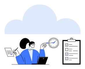 Person working on laptop, pointing at clock, holding paper. Shows checklist, cloud background. Ideal for productivity, organization, planning, cloud computing teamwork time management simple