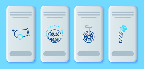 Set line Clown head, Unicycle or one wheel bicycle, Cannon and Birthday party horn icon. Vector © Oksana