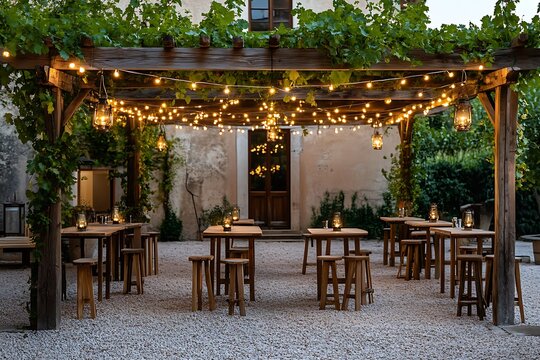 Tables under a grape vine pergola are illuminated with warm lights at night