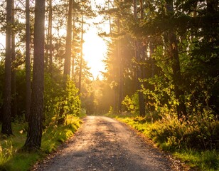 Obraz premium Sunlit forest path at sunset. Golden hour light illuminates trees and foliage. Peaceful nature scene.