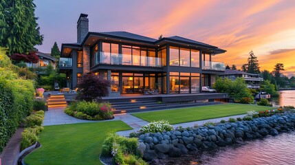 luxury modern house with glass facade, landscaped garden, sunset lighting, wide shot,