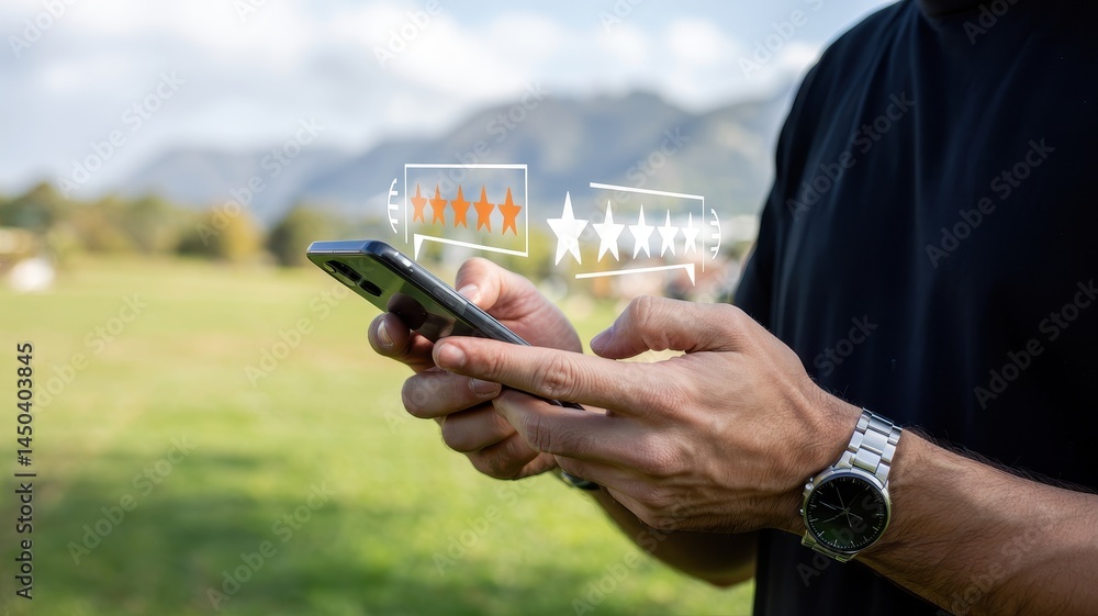 Poster a person using a mobile device interacts with positive online reviews.