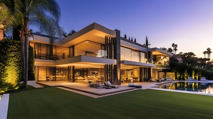 luxury modern house with glass facade, landscaped garden, sunset lighting, wide shot,