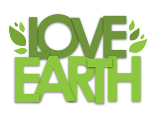LOVE EARTH green typography banner with leaves on transparent background