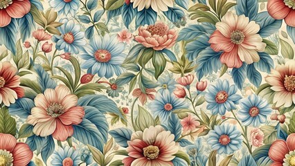Fototapeta premium A vibrant, detailed floral pattern featuring various blooming flowers and lush leaves in soft pastel shades.