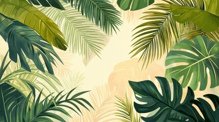 Lush tropical foliage pattern with a soft pastel background.
