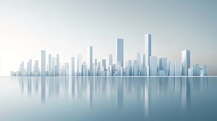 Fototapeta premium Minimalist 3D rendered city skyline with water reflection and soft-toned sky.