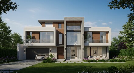 Fototapeta premium Modern two-story luxury home in Guadalajara, Mexico, featuring contemporary architecture, a sleek facade, and stylish residential design under a bright sky.