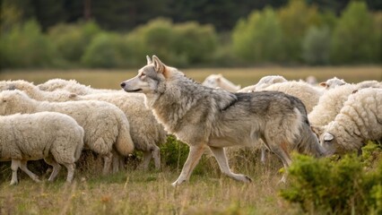 A lone wolf walks among a flock of sheep in a green meadow, blending in with the group.