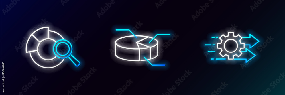 Poster set line time management, search data analysis and pie chart infographic icon. glowing neon. vector
