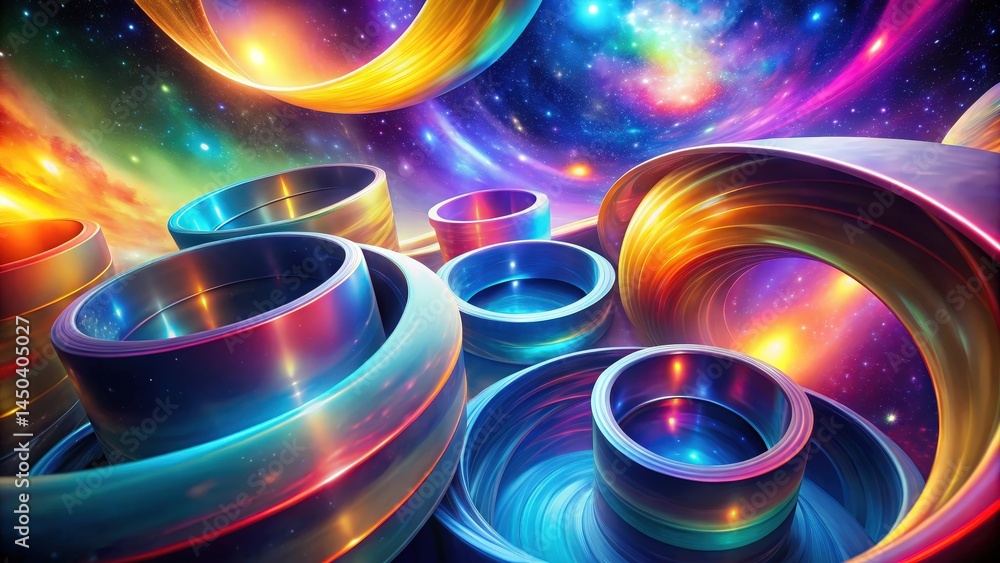 Poster Metallic rings arranged in a swirling formation against a backdrop of a colorful nebula, creating an illusion of depth and cosmic wonder.