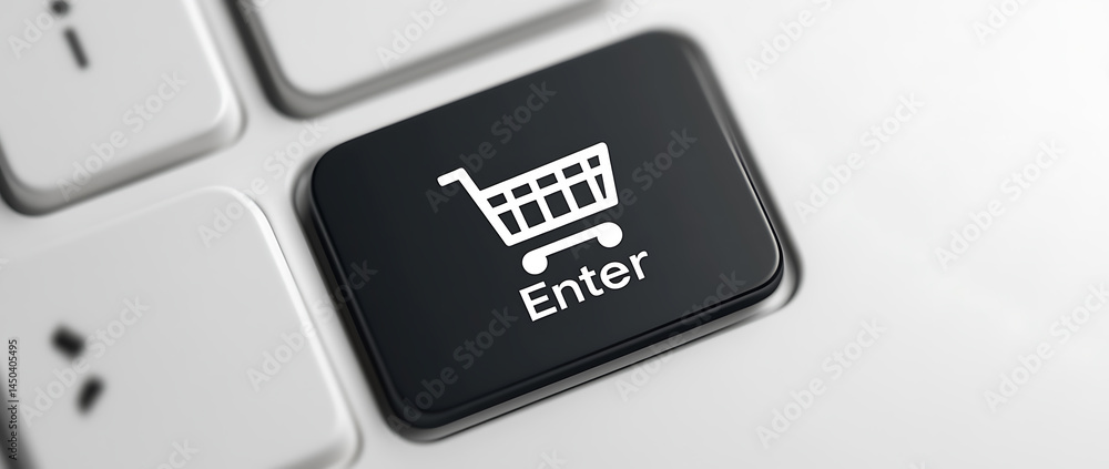 Poster shopping cart enter key: access online retail with a simple click, signifying easy access to the wor