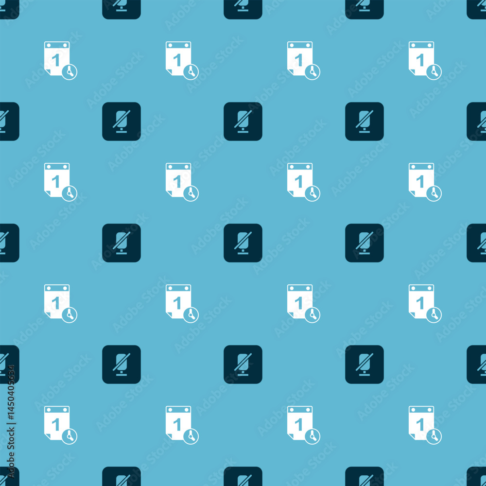 Poster set mute microphone and time management on seamless pattern. vector