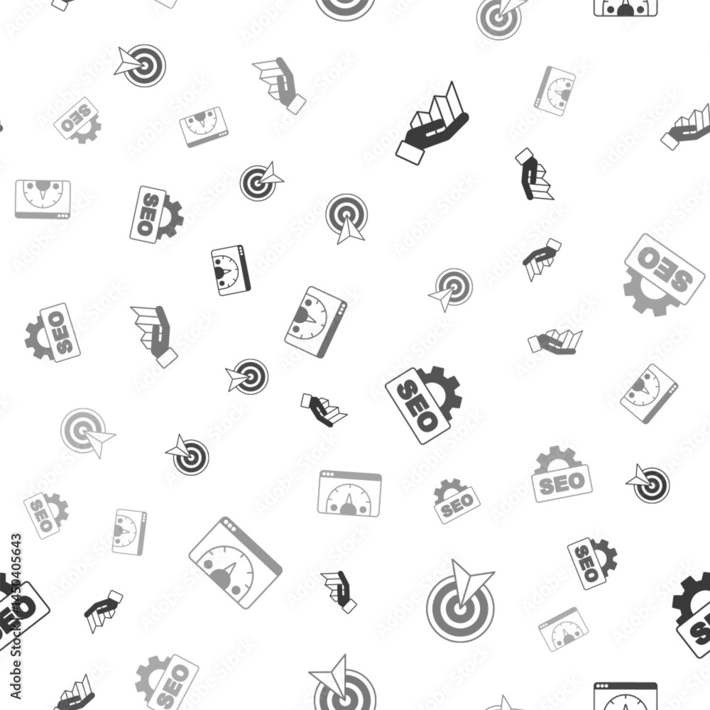 Poster set pie chart infographic, target, seo optimization and website statistic on seamless pattern. vecto