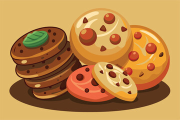 A delightful illustration of assorted cartoon cookies featuring chocolate chips and various designs, conveying a sense of sweetness and fun. Perfect for bakery-themed projects and playful designs.