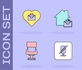 Set Mute microphone, Heart with text work, Office chair and Online working icon. Vector