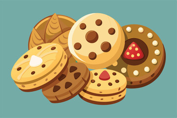 A delightful assortment of tasty cookies with various flavors and designs, set against a bright backdrop. Perfect for bakery, dessert, and sweet snack themes.