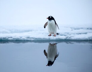 Fototapeta premium Gentoo penguin standing on ice, reflected in calm water. Serene Antarctic scene.