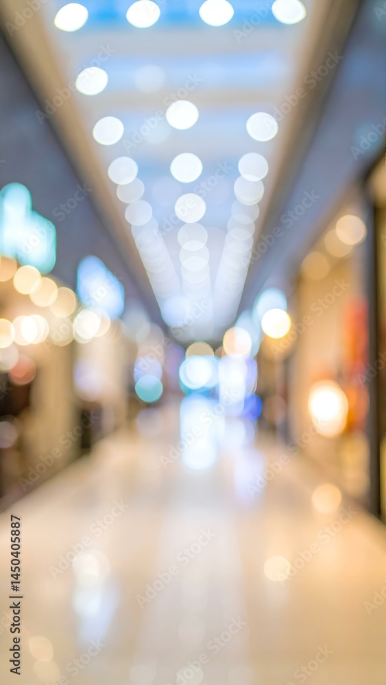 Poster abstract blurred image of a shopping mall corridor with bright lights and bokeh effect. ideal for ba