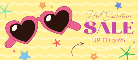 Cute Heart Sunglasses Hot Summer Sale Banner Template. Cute pastel beach design