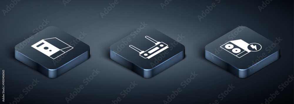 Poster set isometric case of computer, and router and wi-fi signal icon. vector