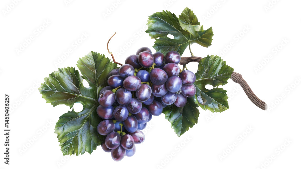 Poster purple grape cluster with green leaves and brown stem on transparency background