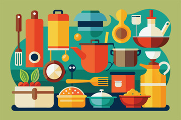 Vibrant abstract illustration featuring various kitchen utensils and ingredients in a stylized design. Perfect for culinary-themed projects, cooking workshops, or kitchen decor.