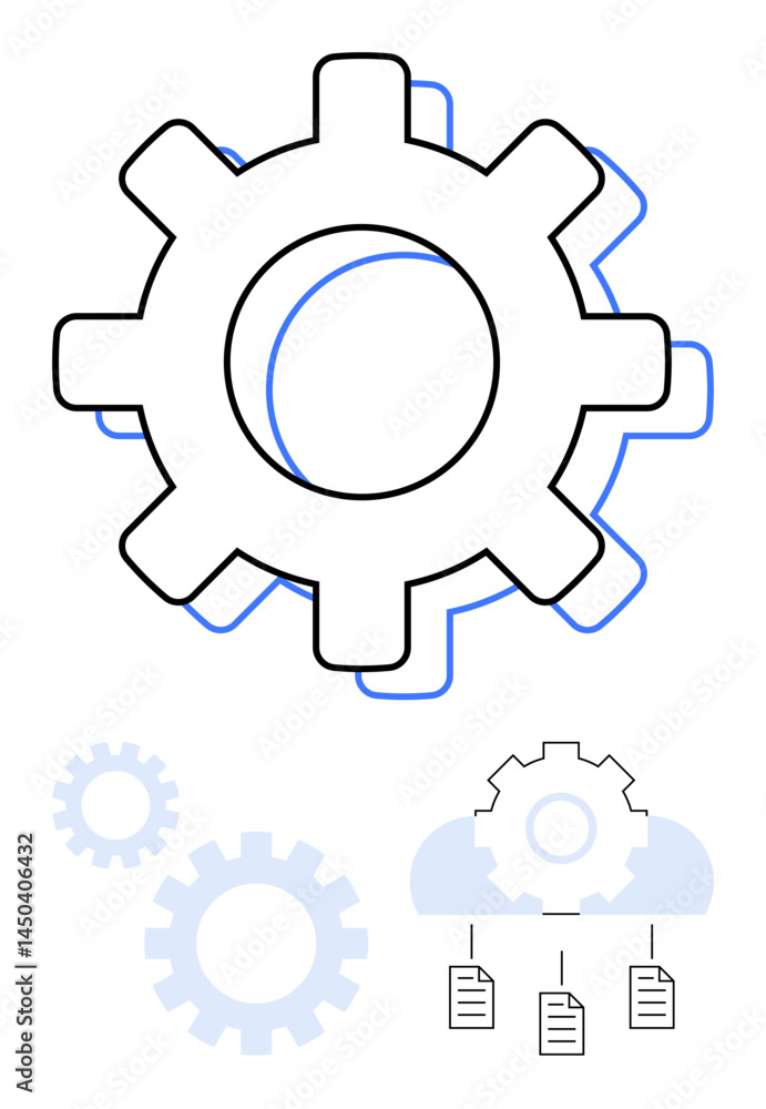 Poster large gear with cloud network and document icons symbolizing data sharing, process automation, and d