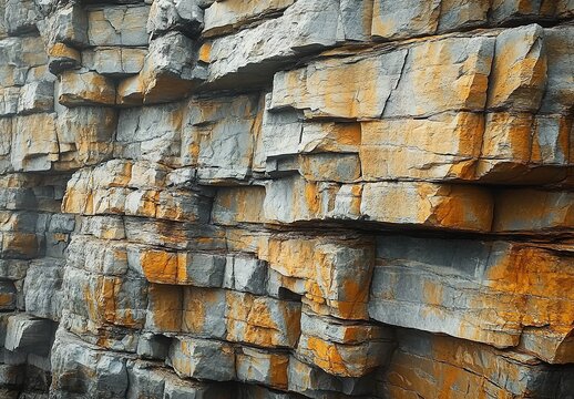 Close-up of layered gray and yellowish-brown rock formation with texture.