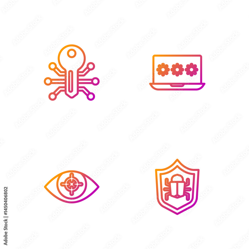 Poster set line system bug, eye scan, smart key and laptop with password. gradient color icons. vector