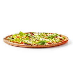 Delicious pizza with fresh lettuce and mayonnaise on white background