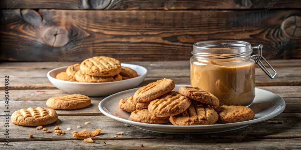 Poster a rustic wooden table scene with a jar of spread and homemade cookies on plates for a delicious snac