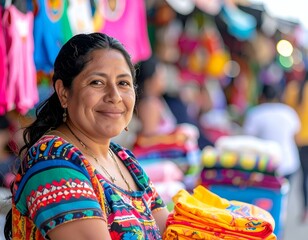 Happy woman vendor at a vibrant market, showcasing colorful textiles. Smiling face, traditional clothing.