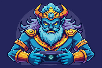 Colorful illustration of a mythical warrior character engrossed in playing a mobile video game. Vibrant design captures the fantasy and gaming culture essence.