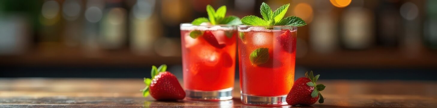 Two glasses of strawberry mojito, garnished with mint, restaurant, drink, green