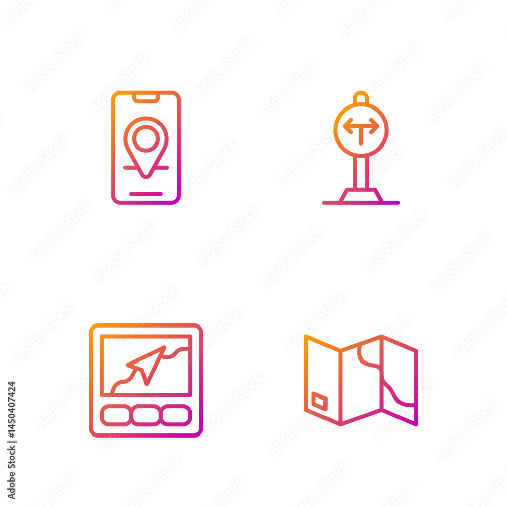 Poster set line folded map, gps device with, city navigation and fork in the road. gradient color icons. ve
