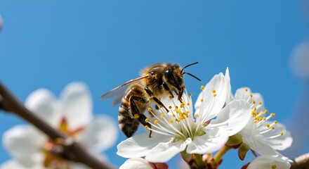 Bee Gathering Pollen on White Flower Against Blue Sky